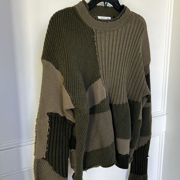 HELMUT LANG MILITARY GRUNGE CREW Long Sleeve Patchwork Sweater Green Large - Picture 4 of 15